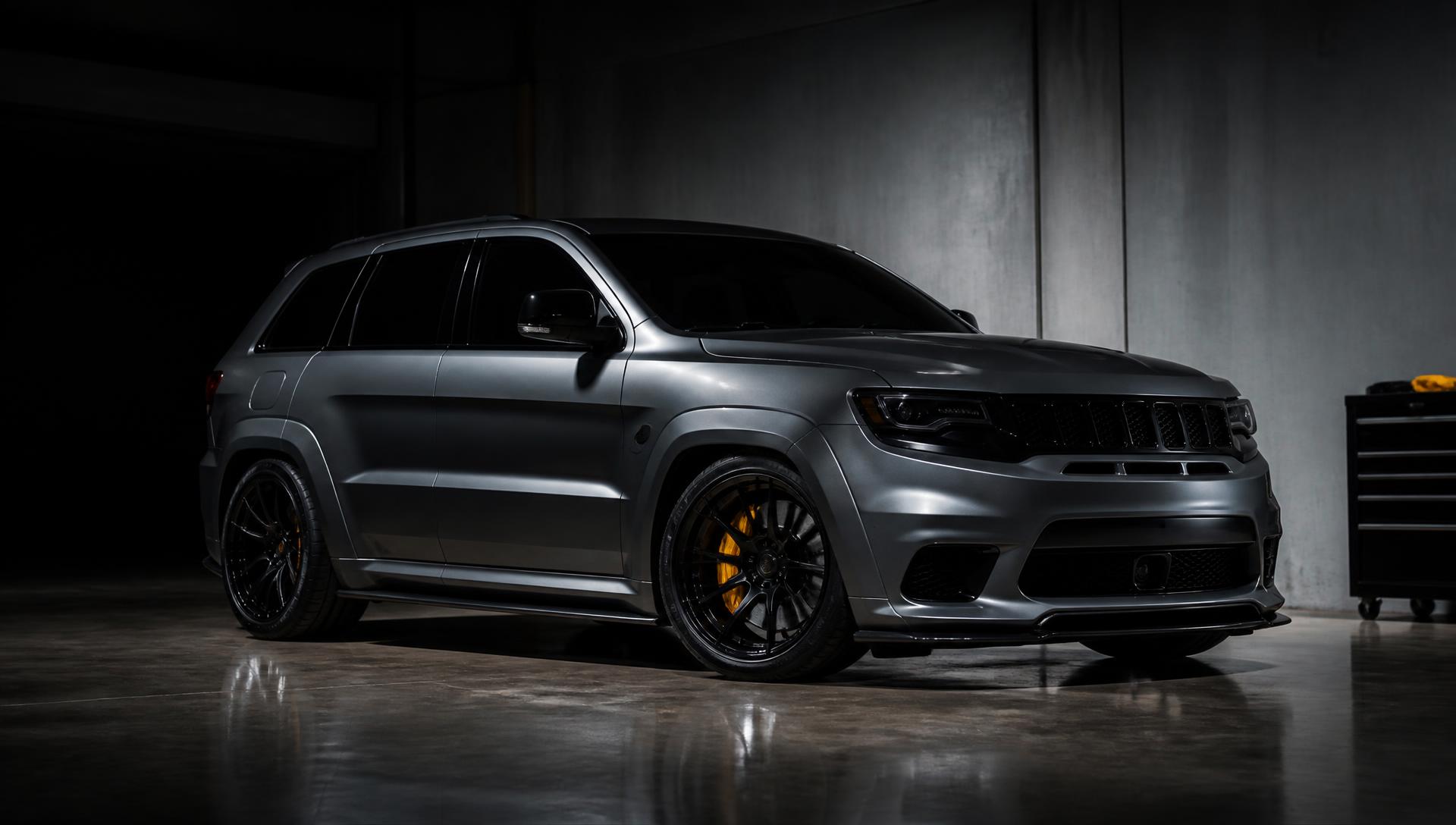 2018 Jeep Trackhawk full build in satin wrap inside a dark workshop
